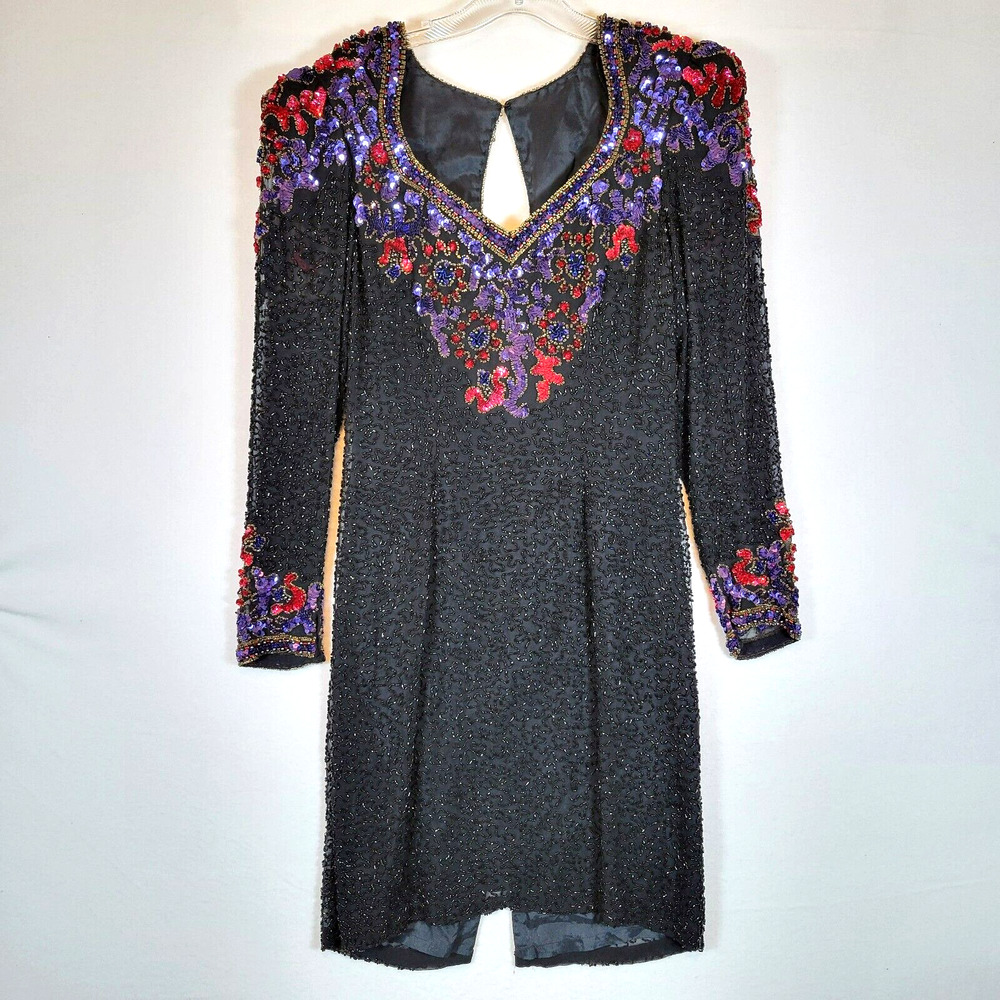 Oleg Cassini Womens Sequin Beaded Dress Size 8 Black Vintage Evening Formal 80s